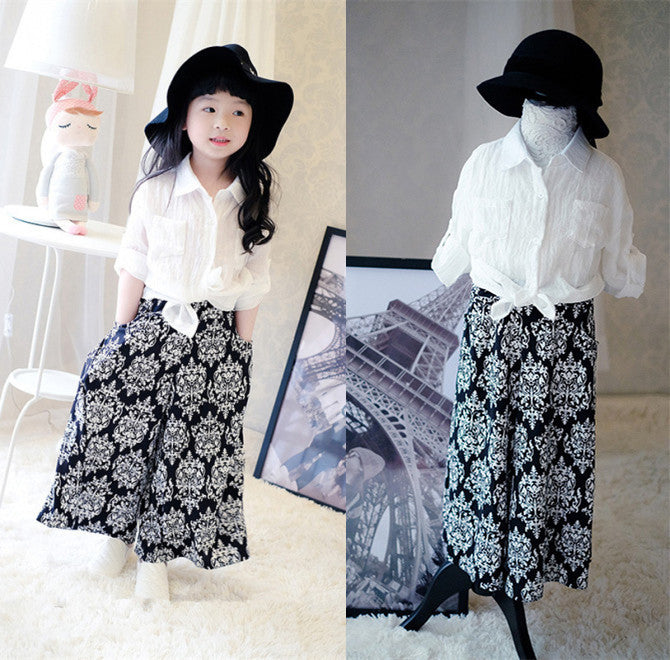 fashion girls clothing set white blouse shirt & wide leg long pants suit 2 pcs clothes