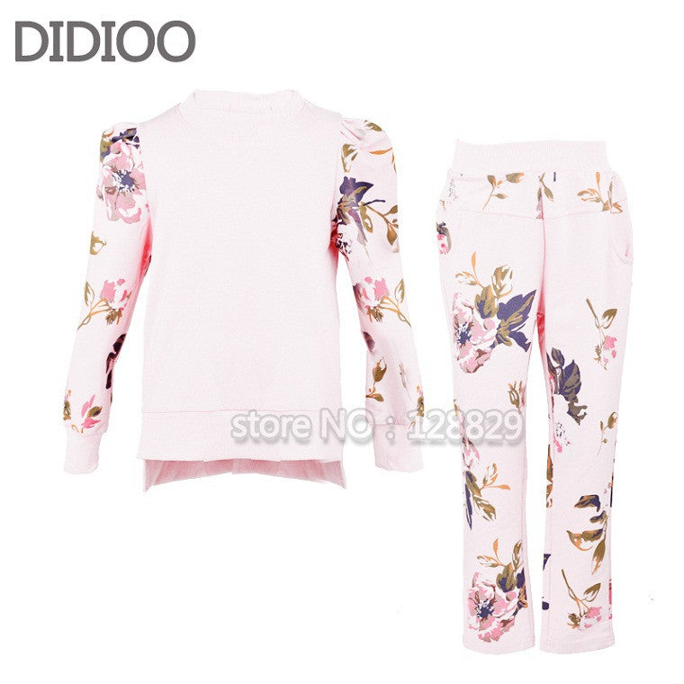 Girls autumn sets baby outfits kids clothes long sleeve floral print pullover top & sprot pants children clothing set size 2-14 - Shopy Max