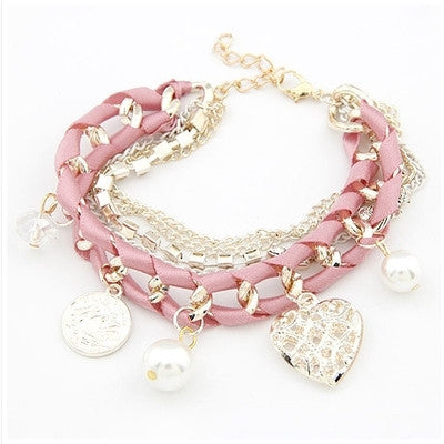 Lovely hollow out heart the coin pearl multielement weave multilayer bracelet women's bracelets & bangles