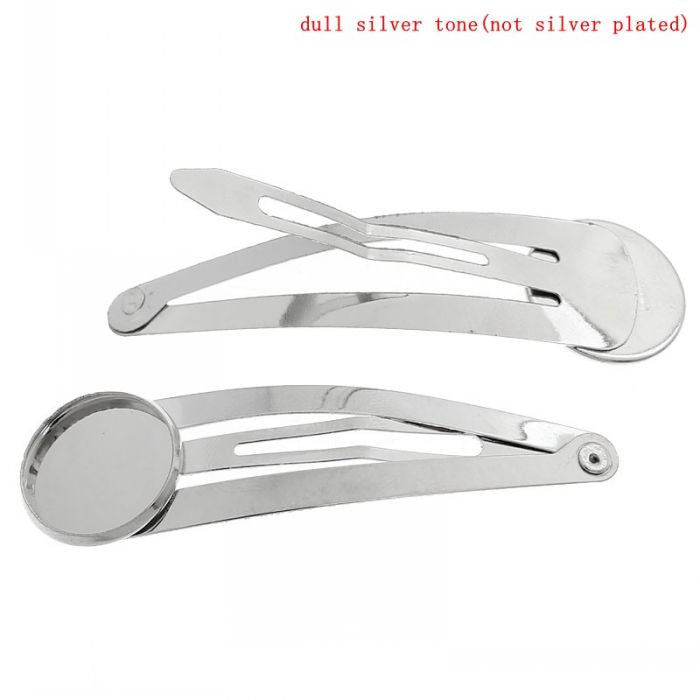 Kids Hair Clips Silver Tone Cabochon Setting(Fit 16mm Dia)6cm x 1.8cm,20PCs - Shopy Max