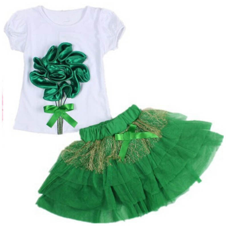 2016 Kids Girls suit large flowers t-shirt + skirt 2pcs sets of party suit veil tutu
