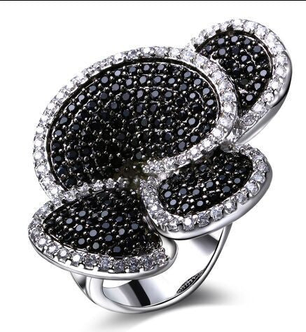 Latest Design Flower Shape Cubic Zirconia Stone Engagement rings Black +White Allergy Free Cutie big rings for women - Shopy Max