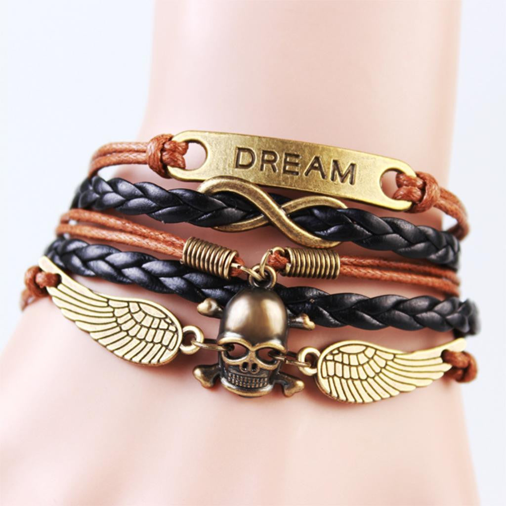 2014 New handmade Fashion Skull & Win Dream Charms infinity Bracelet Brown &Black woven leather punk Braclet. IB707