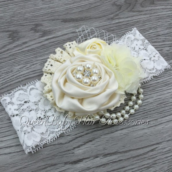 Reatil! Satin Flower Headband Matching Sparking Rhinestone Chiffon Flower - Shopy Max