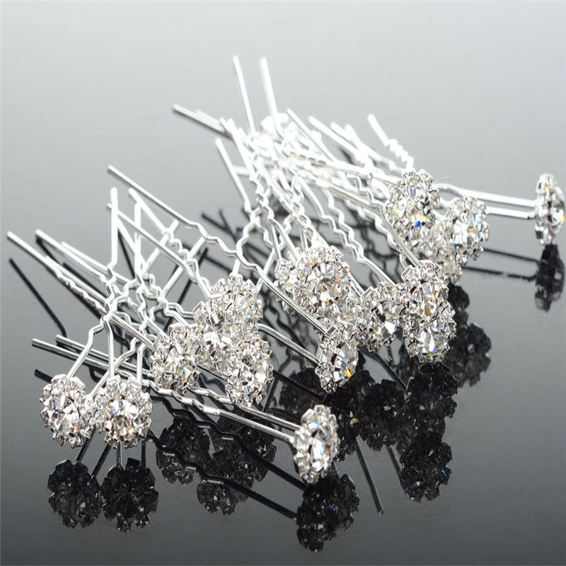 Lots 20PCS Wedding Bridal Crystal Flower Hairpin Hair Clips Bridesmaid U Shape Pins Silver Plated