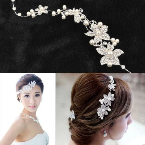 Hot Ladies Silver Rhinestone Bridal Wedding Flower Pearls Crystal Chic Headband - Shopy Max