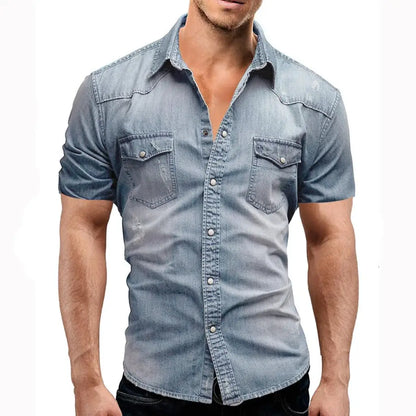 Men Summer Denim Thin Shirt Short Sleeve Soft Cotton