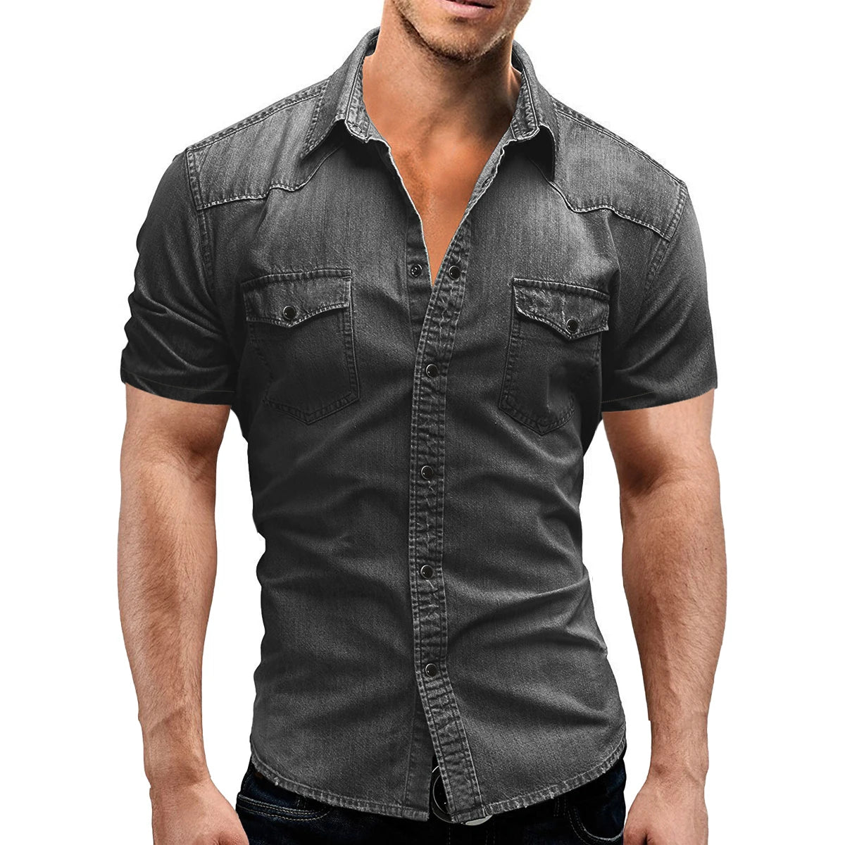 Men Summer Denim Thin Shirt Short Sleeve Soft Cotton
