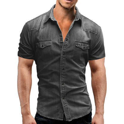 Men Summer Denim Thin Shirt Short Sleeve Soft Cotton