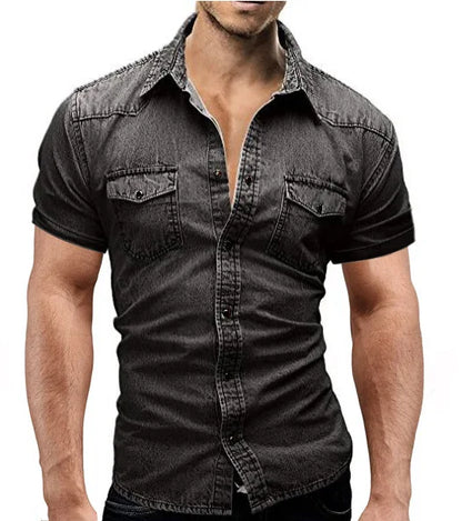 Men Summer Denim Thin Shirt Short Sleeve Soft Cotton
