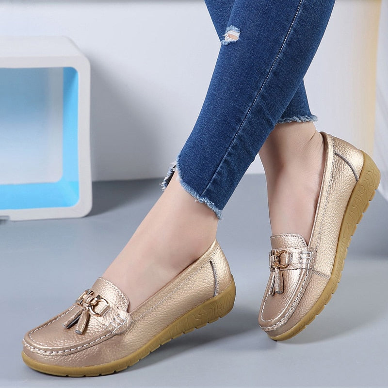 Spring & Summer Breathable Casual Loafers for Women – Platform Leather Comfort Wedge Moccasins | Ladies Vulcanized Sneakers (Size 44)