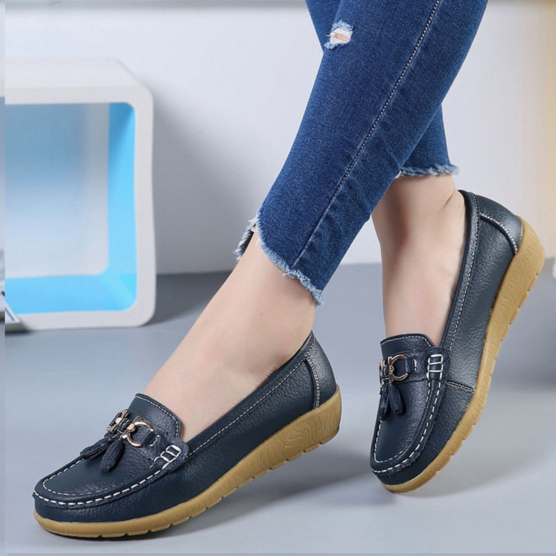 Spring & Summer Breathable Casual Loafers for Women – Platform Leather Comfort Wedge Moccasins | Ladies Vulcanized Sneakers (Size 44)