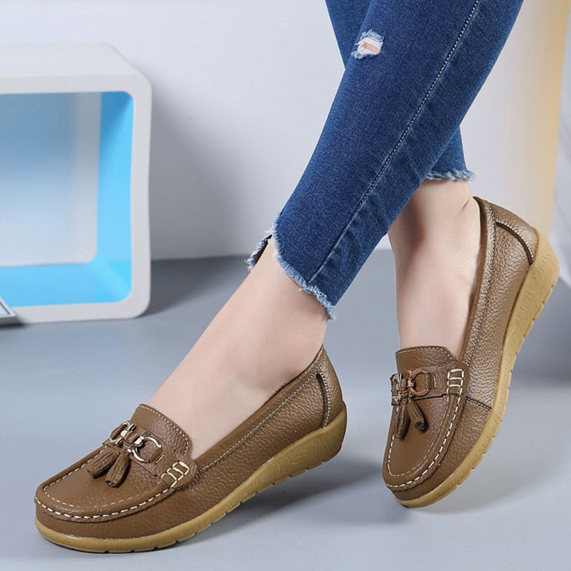Spring & Summer Breathable Casual Loafers for Women – Platform Leather Comfort Wedge Moccasins | Ladies Vulcanized Sneakers (Size 44)