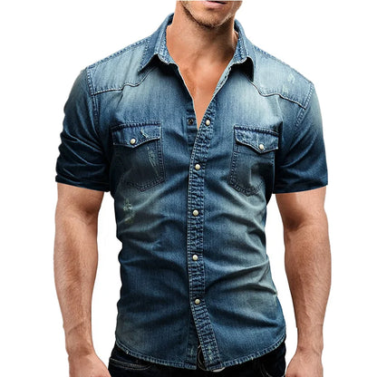 Men Summer Denim Thin Shirt Short Sleeve Soft Cotton