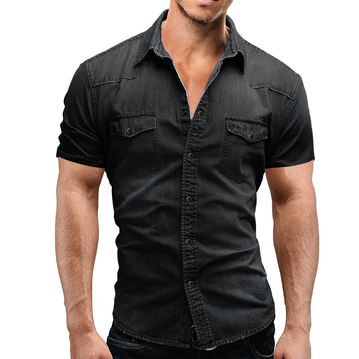 Men Summer Denim Thin Shirt Short Sleeve Soft Cotton