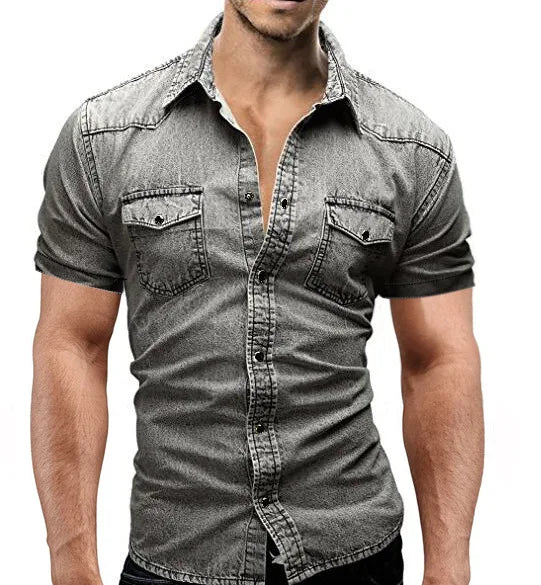 Men Summer Denim Thin Shirt Short Sleeve Soft Cotton
