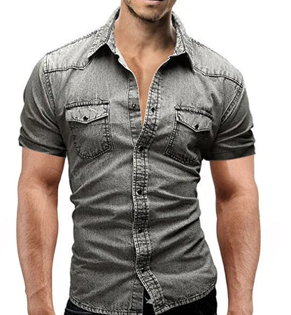 Men Summer Denim Thin Shirt Short Sleeve Soft Cotton