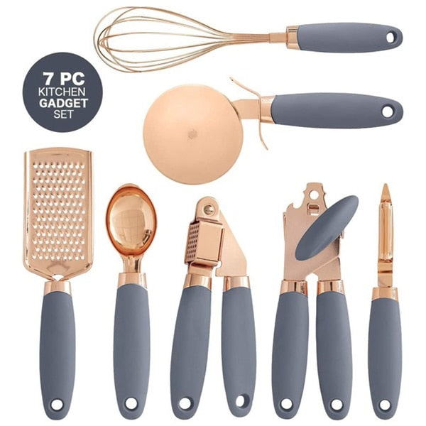 7-Piece Kitchen Gadgets Set Copper Coated Stainless Steel Utensils with Soft Touch Handles, Garlic Press Whisk Cheese Grater