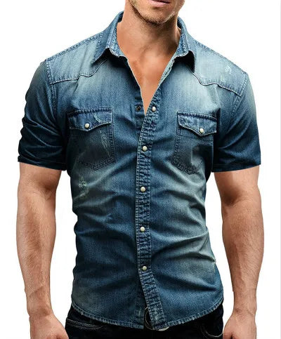 Men Summer Denim Thin Shirt Short Sleeve Soft Cotton