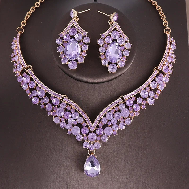 Luxury Crystal AB Color Choker Necklace Earrings Set Rhinestone Bridal Jewelry Sets for Bride Wedding Party Costume Bijoux Femme