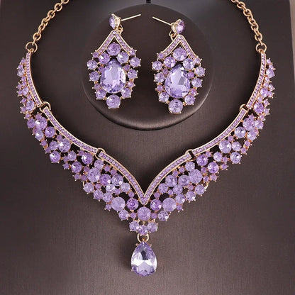 Luxury Crystal AB Color Choker Necklace Earrings Set Rhinestone Bridal Jewelry Sets for Bride Wedding Party Costume Bijoux Femme
