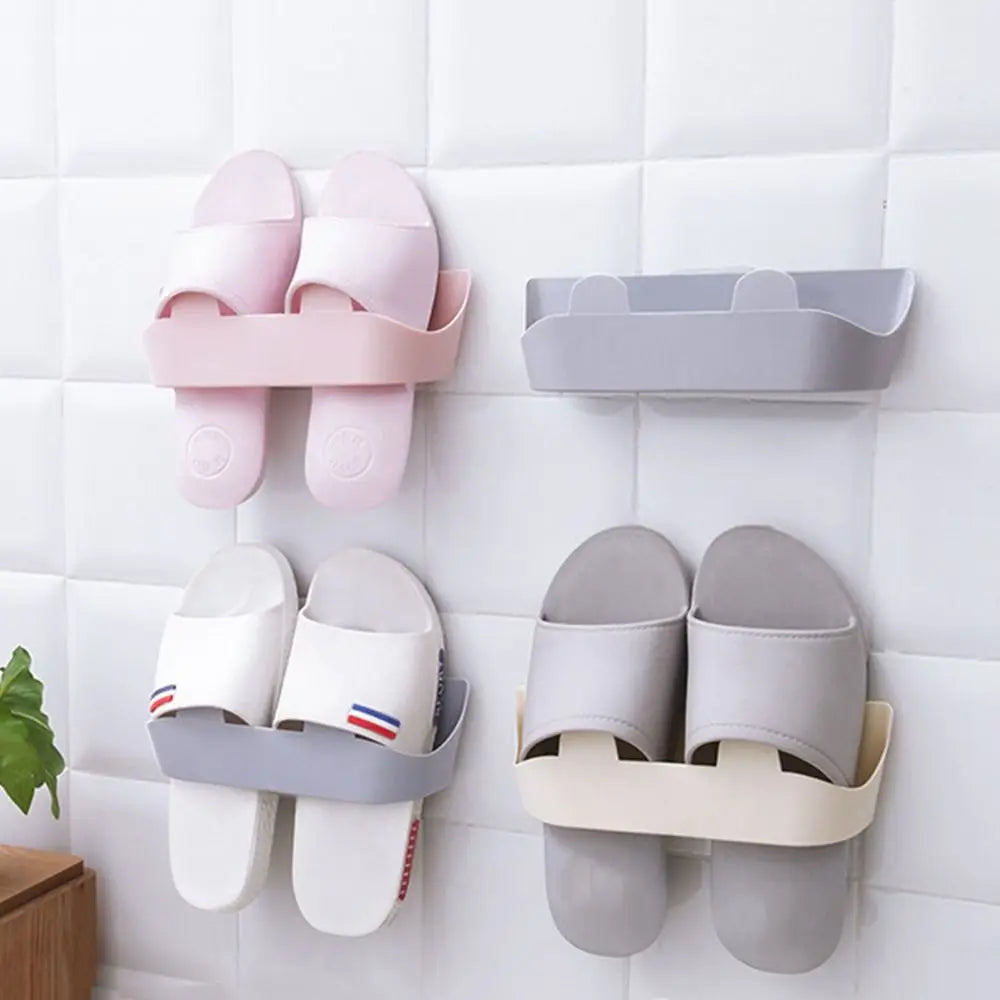 Simple Plastic Slippers Rack Self Adhesive Wall Mounted Shoes Hanger Space Saving Shoe Drying Rack Bathroom