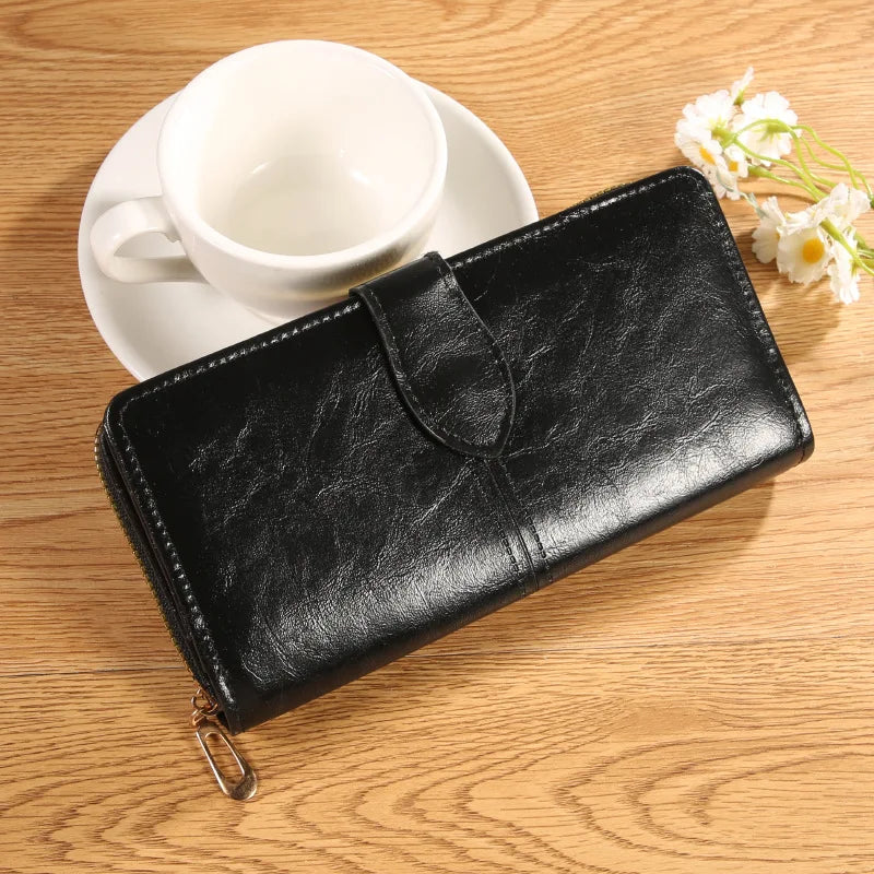 Oil Wax Leather Wallet, Mobile Phone Bag, Long Zipper Coin Bag, Women's Card Bag, Solid Color Large Bill Holder Wallet