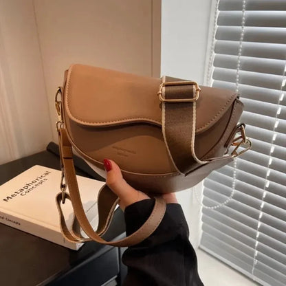 Women Vintage Solid Color Small Saddle Bag – PU Leather Flap Shoulder & Underarm Crossbody Bag with Wide Strap
