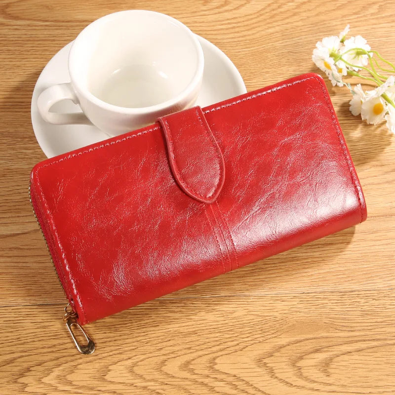 Oil Wax Leather Wallet, Mobile Phone Bag, Long Zipper Coin Bag, Women's Card Bag, Solid Color Large Bill Holder Wallet