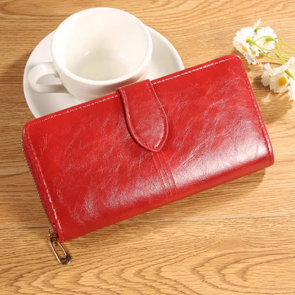Oil Wax Leather Wallet, Mobile Phone Bag, Long Zipper Coin Bag, Women's Card Bag, Solid Color Large Bill Holder Wallet