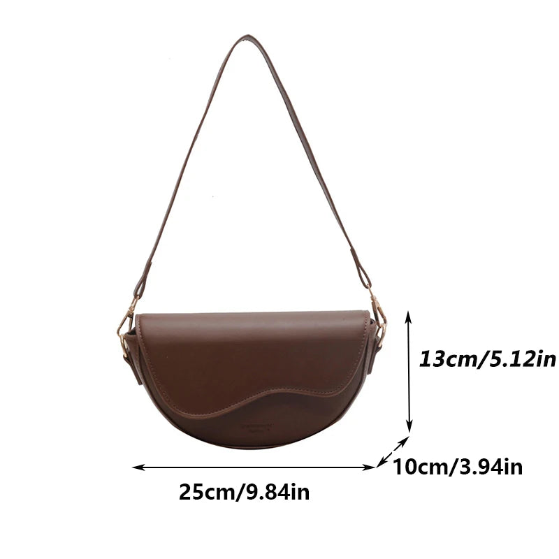 Women Vintage Solid Color Small Saddle Bag – PU Leather Flap Shoulder & Underarm Crossbody Bag with Wide Strap
