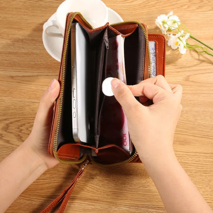 Oil Wax Leather Wallet, Mobile Phone Bag, Long Zipper Coin Bag, Women's Card Bag, Solid Color Large Bill Holder Wallet