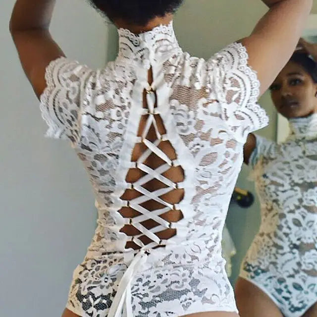 Lace See-tough Body Suit Ba Strap Tightening One-piece Street Sle Hollow out l Waist ort Pants Thin Model - Shopy Max