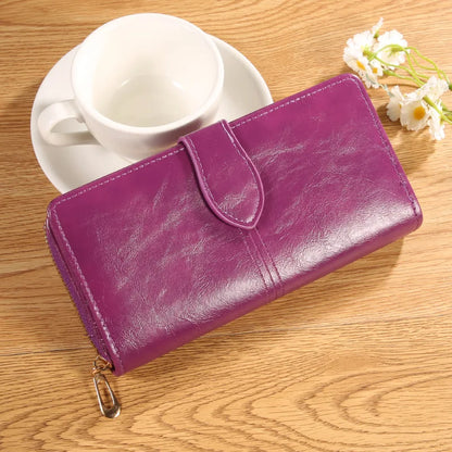 Oil Wax Leather Wallet, Mobile Phone Bag, Long Zipper Coin Bag, Women's Card Bag, Solid Color Large Bill Holder Wallet