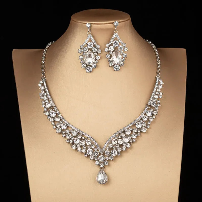 Luxury Crystal AB Color Choker Necklace Earrings Set Rhinestone Bridal Jewelry Sets for Bride Wedding Party Costume Bijoux Femme