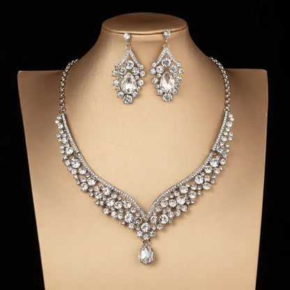 Luxury Crystal AB Color Choker Necklace Earrings Set Rhinestone Bridal Jewelry Sets for Bride Wedding Party Costume Bijoux Femme