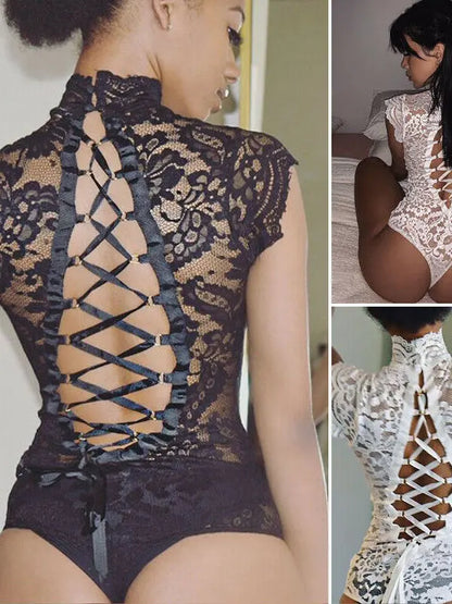 Lace See-tough Body Suit Ba Strap Tightening One-piece Street Sle Hollow out l Waist ort Pants Thin Model - Shopy Max