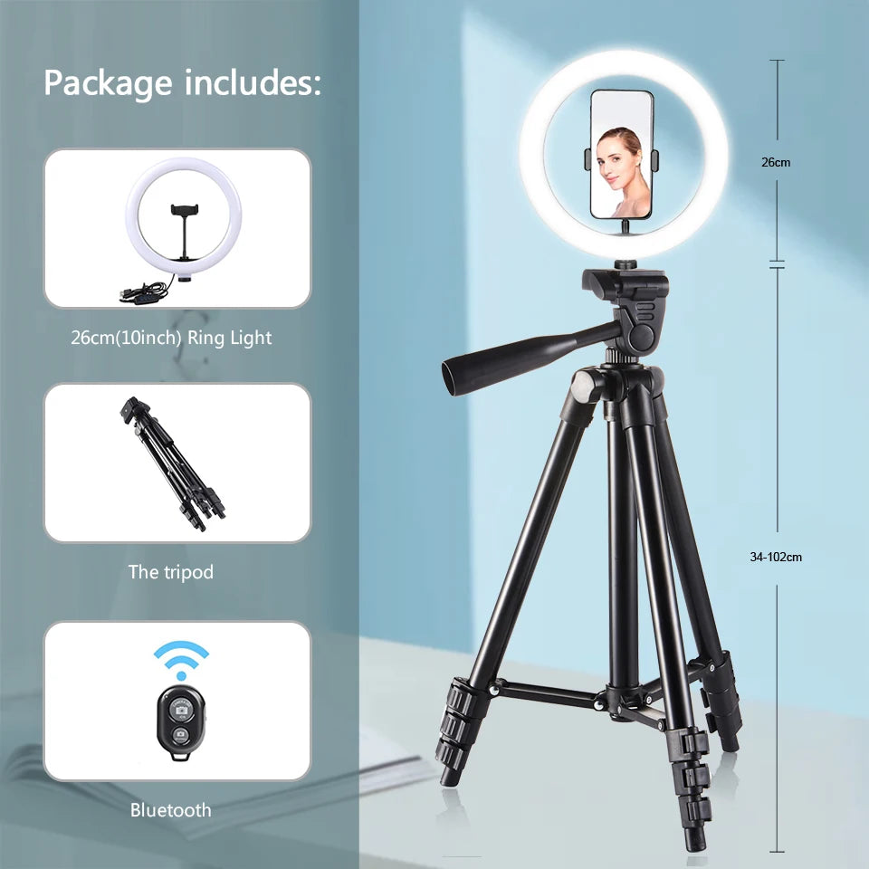 26cm LED Selfie Ring Light with Tripod Stand & Phone Holder – Photography Lighting Lamp with Remote Control for YouTube & Video Recording