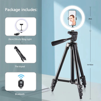 26cm LED Selfie Ring Light with Tripod Stand & Phone Holder – Photography Lighting Lamp with Remote Control for YouTube & Video Recording