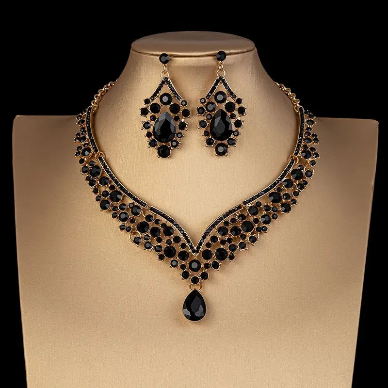 Luxury Crystal AB Color Choker Necklace Earrings Set Rhinestone Bridal Jewelry Sets for Bride Wedding Party Costume Bijoux Femme