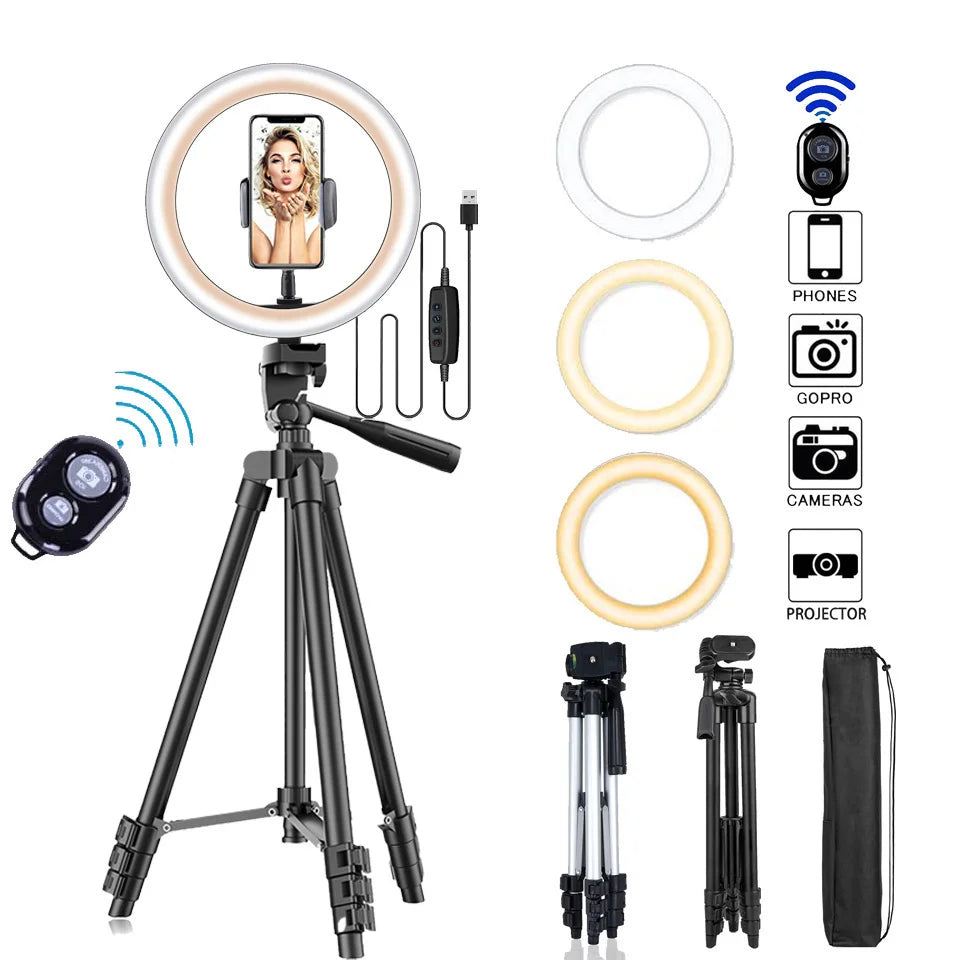 26cm LED Selfie Ring Light with Tripod Stand & Phone Holder – Photography Lighting Lamp with Remote Control for YouTube & Video Recording