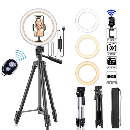26cm LED Selfie Ring Light with Tripod Stand & Phone Holder – Photography Lighting Lamp with Remote Control for YouTube & Video Recording