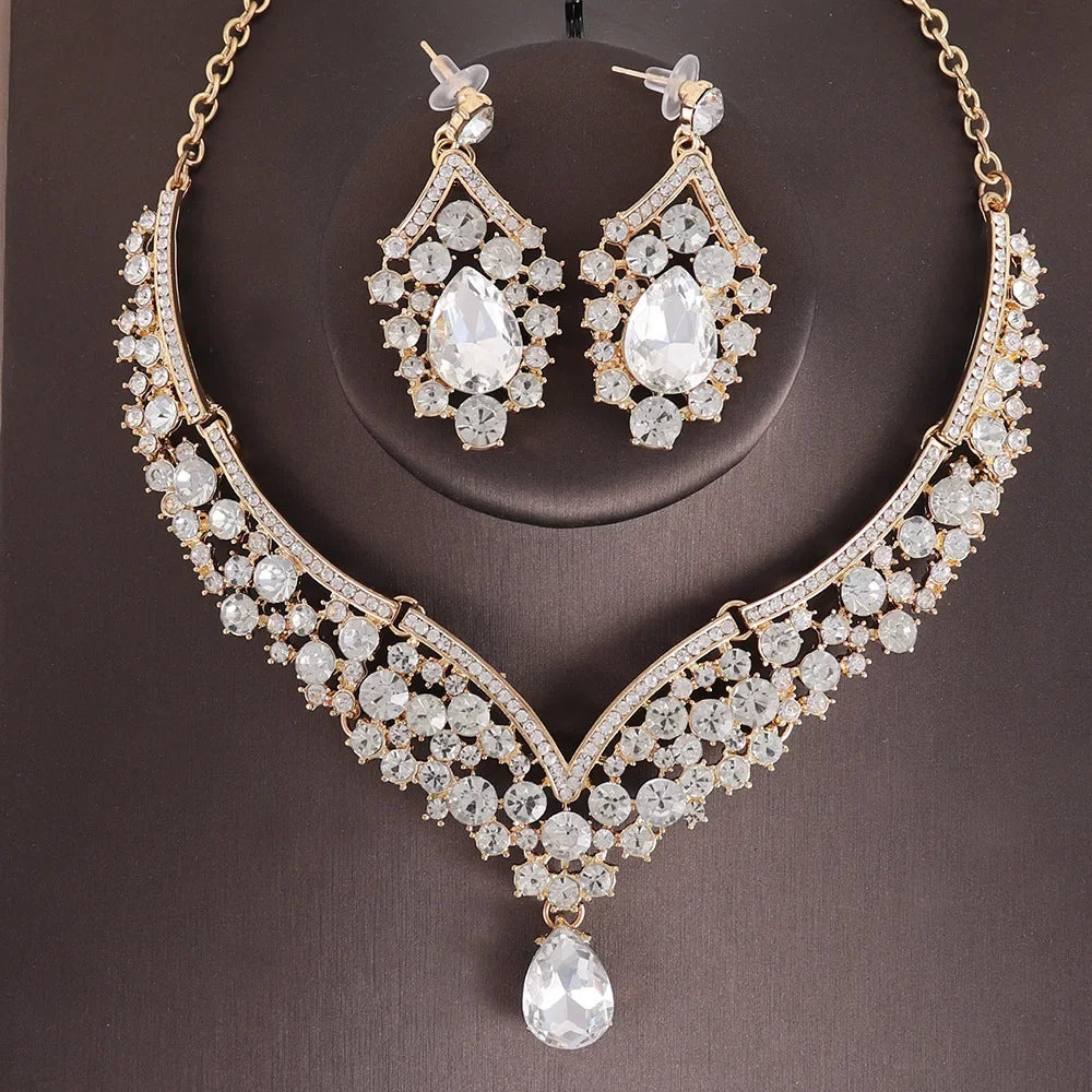 Luxury Crystal AB Color Choker Necklace Earrings Set Rhinestone Bridal Jewelry Sets for Bride Wedding Party Costume Bijoux Femme
