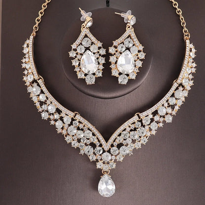 Luxury Crystal AB Color Choker Necklace Earrings Set Rhinestone Bridal Jewelry Sets for Bride Wedding Party Costume Bijoux Femme