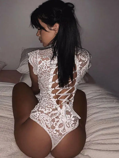 Lace See-tough Body Suit Ba Strap Tightening One-piece Street Sle Hollow out l Waist ort Pants Thin Model - Shopy Max