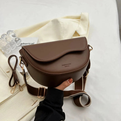 Women Vintage Solid Color Small Saddle Bag – PU Leather Flap Shoulder & Underarm Crossbody Bag with Wide Strap