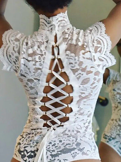 Lace See-tough Body Suit Ba Strap Tightening One-piece Street Sle Hollow out l Waist ort Pants Thin Model - Shopy Max