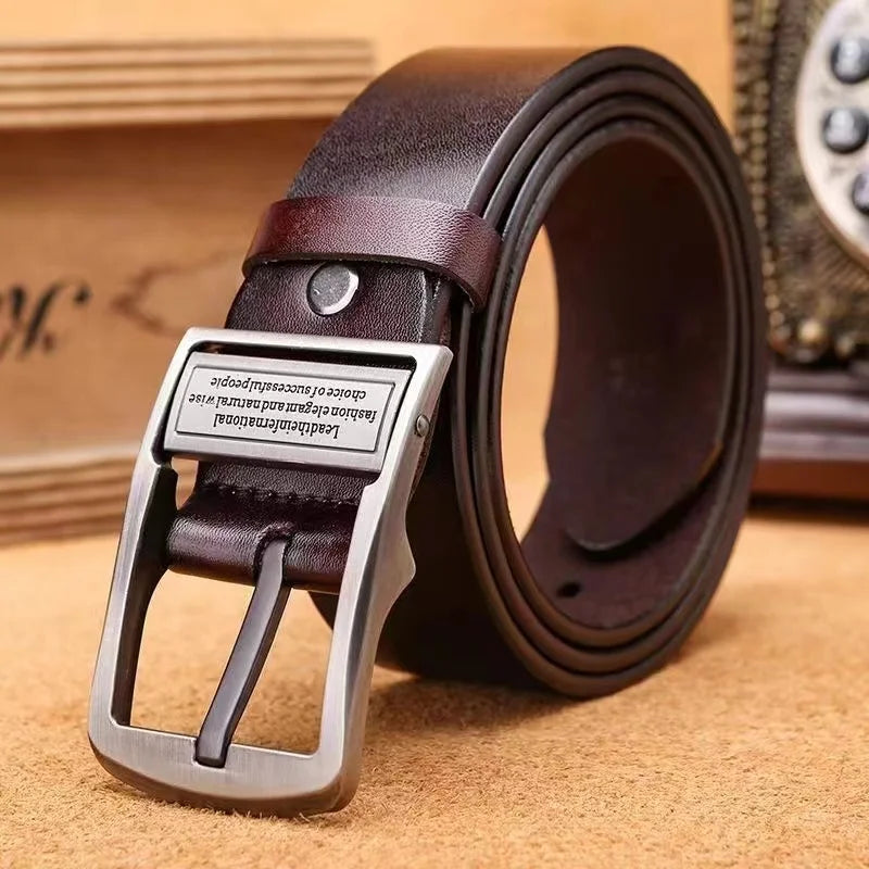 New Leather Cowhide Men’s Belt – Luxury Brand Metal Alloy Pin Buckle | Business & Casual Jeans Waist Strap for Men