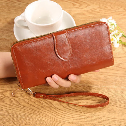 Oil Wax Leather Wallet, Mobile Phone Bag, Long Zipper Coin Bag, Women's Card Bag, Solid Color Large Bill Holder Wallet