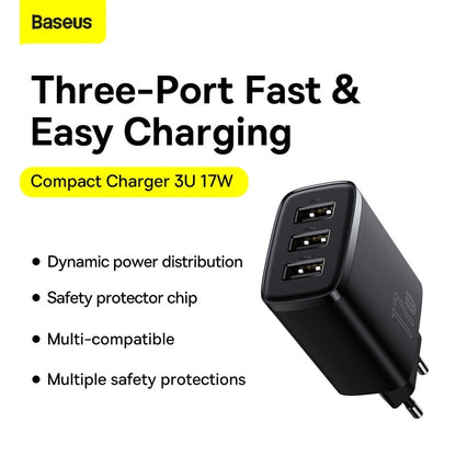 Baseus 17W USB Charger Universal Portable 3 Ports Travel Wall Adapter Portable